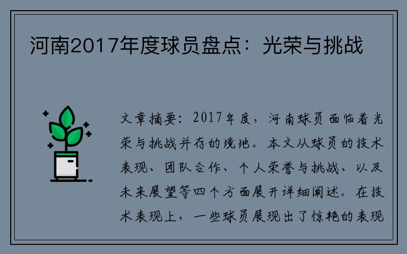 河南2017年度球员盘点：光荣与挑战